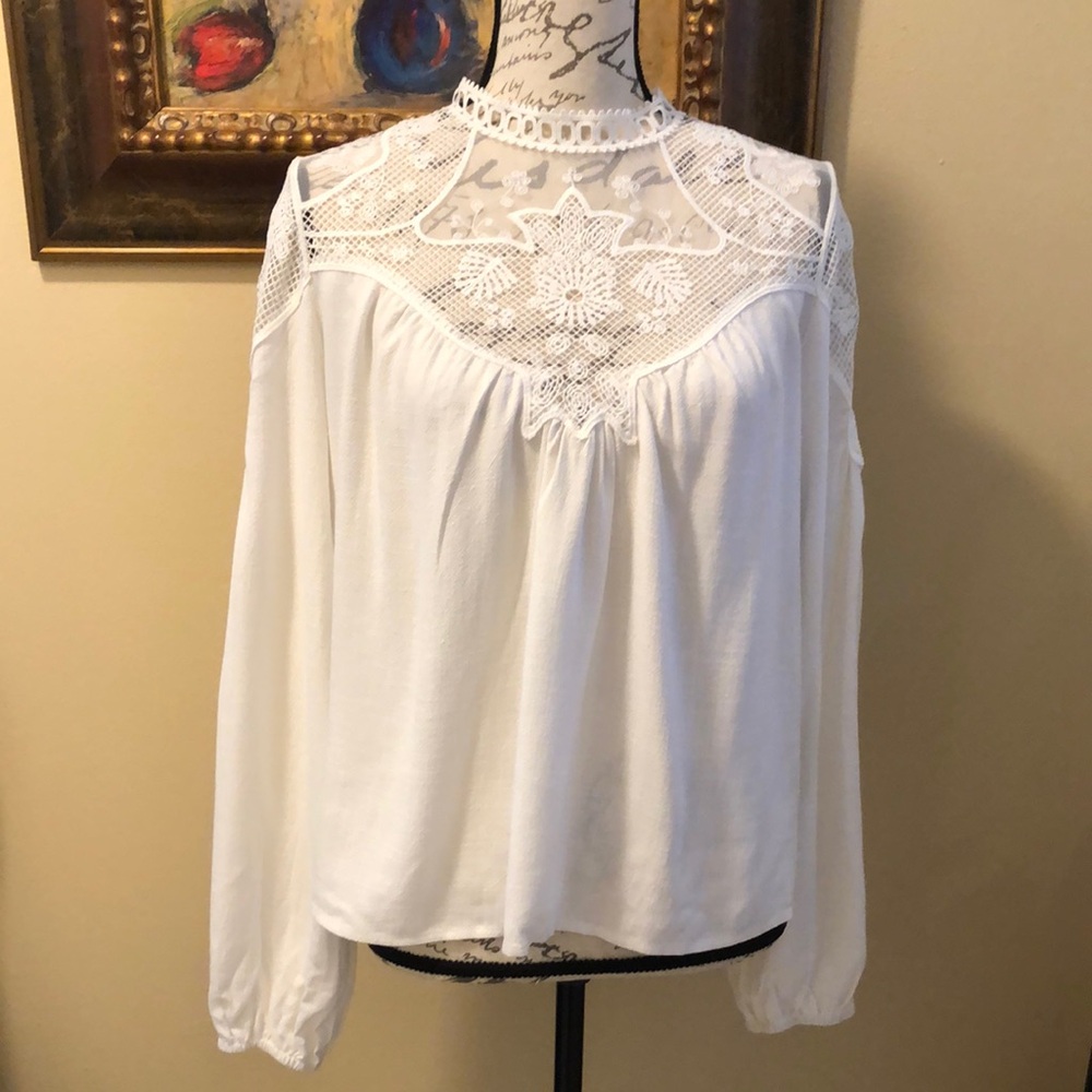 Vici High neck crochet lace wide elastic sleeve victorian blouse